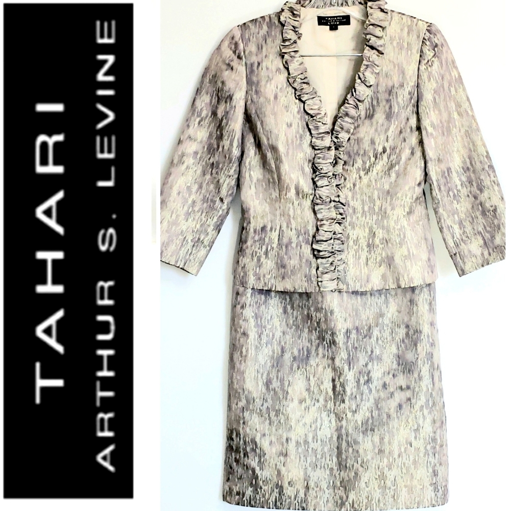 Tahari Arthur S. Levine Nwot Luxe Taupe & Metalic Gold Jacquard 2 Pc Skirtset